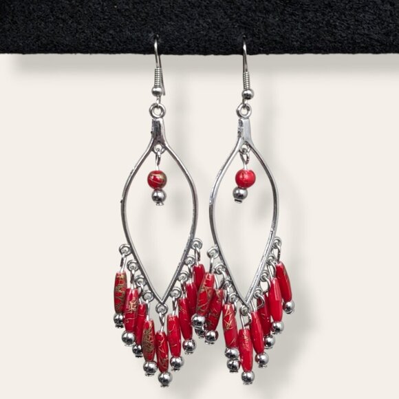 (2/$20) Red Beaded Dangling Earrings - Picture 1 of 4